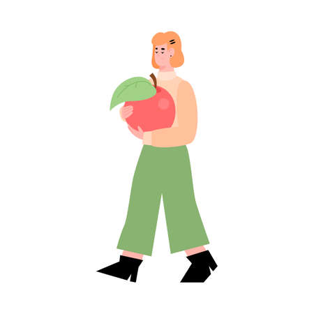 Food donation concept the tiny woman holding huge apple, flat cartoon vector illustration isolated on white background. Social care, food sharing and charity concept.のイラスト素材