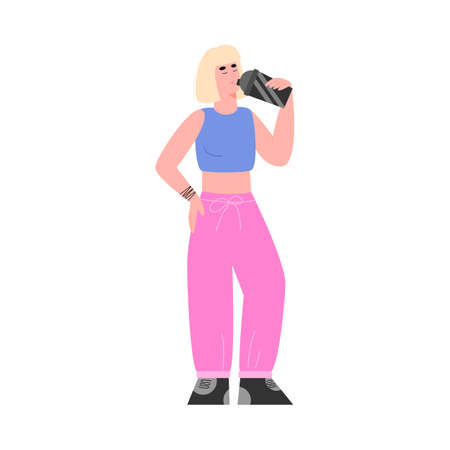 Modern sportive woman drinking water from a plastic fitness bottle, cartoon flat vector illustration isolated on white background. Woman drinks to restore water balance.のイラスト素材