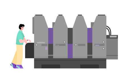 Man working on equipment for offset polygraphy, cartoon flat vector illustration isolated on white background. Printing house facilities or equipment element.のイラスト素材