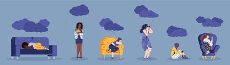 Sad and depressed women cartoon characters set, flat vector illustration isolated on blue background. Unhappy woman feeling depression and stress under stormy clouds.のイラスト素材
