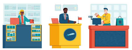 Cashiers and receptionists men and women cartoon characters at workplace at a counter desk, flat cartoon vector illustration isolated on white background.のイラスト素材