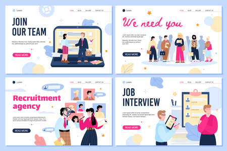 Recruiting and we are hiring concept web banners set with cartoon people, flat vector illustration. HR agency landing pages collection with employers and job candidates.のイラスト素材