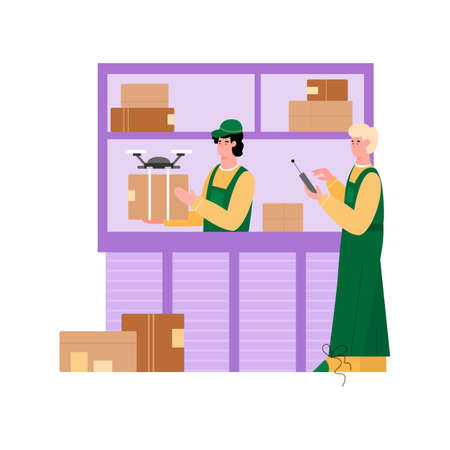 Warehouse or shipping company workers packaging parcels for drone delivery, cartoon vector illustration isolated on white background. Quadcopter drones smart delivery.のイラスト素材