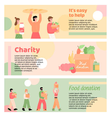 Set of flyers for charity and food donation events, flat vector illustration isolated. Promotion for volunteer organization to provide help for people in need.のイラスト素材