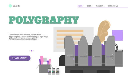 Polygraphy service website banner template flat vector illustration on white background. Printing and presswork service of print house advertising web page.のイラスト素材