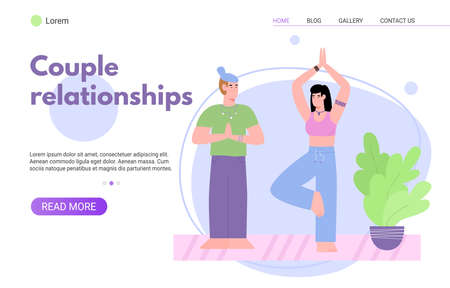 Couple do yoga together. Young family do exercises and poses at home. Healthy lifestyle, bonding relationships, common interests. Vector flat illustration. Landing page templateのイラスト素材