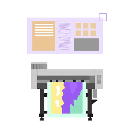 Industrial printer production, advertising agency or printing house with print equipment. Vector...