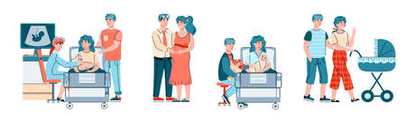 Concept of happy pregnancy, childbirth, maternity and parenthood. A set of vector isolated illustrations of young family couple waiting for a baby and with newborn.のイラスト素材