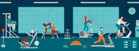 Concept of healthy lifestyle. Gym with equipment and active people engaged in sports, fitness, workout and physical exercises. Horizontal vector banner.のイラスト素材