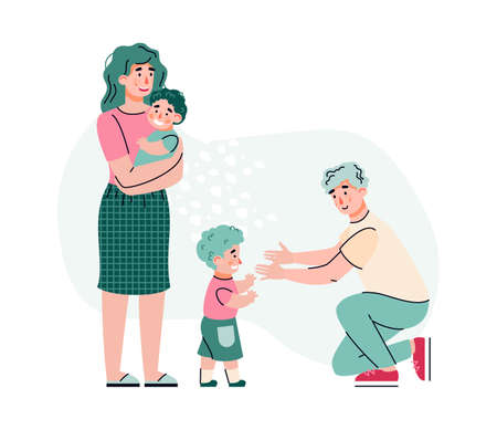 Family of parents with two children. Father holds out his hands to walking kid, mother holds newborn baby in her arms. Happy fatherhood and motherhood. Vector isolated illustrationのイラスト素材