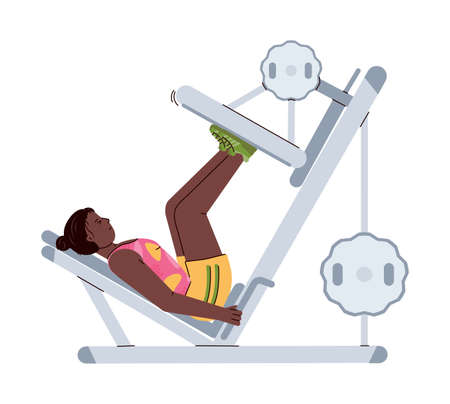 African american woman in sportswear doing exercises on training machine, flat cartoon vector illustration isolated on white background. Gym and lifting weight exercises.のイラスト素材