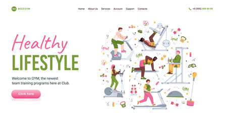 Healthy lifestyle website header and cartoon people training in gym, flat vector illustration. Webpage layout with People exercising on special sport gym equipment.のイラスト素材