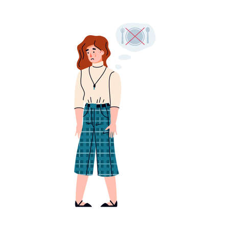 Woman experiencing loss of appetite as a result of food poisoning, flat cartoon vector illustration isolated on white background. Sad woman with crossed out sign of food.のイラスト素材