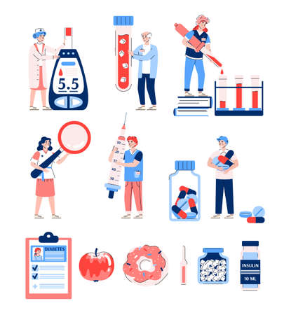 Set of diabetes infographic elements with cartoon characters, flat vector illustration isolated on white background. Diabetes medicamentation, diagnosis and treatment.のイラスト素材
