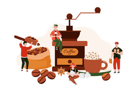 Small miniature people character workers in coffee shop collecting beans and roasting to make coffee, flat cartoon vector illustration white backgroundのイラスト素材
