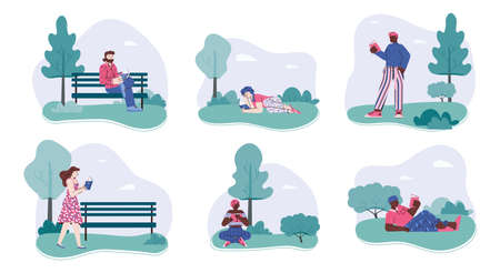 People reading books outdoors in park set of flat cartoon vector illustrations isolated on white background. Men and women characters read books collection.のイラスト素材