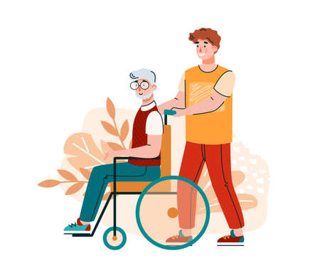 Volunteer man helping and supporting old aged man, flat cartoon vector illustration isolated on white background. Elderly people support and volunteering.のイラスト素材