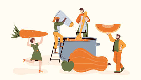 Tiny cartoon people cooking dishes for Thanksgiving holiday dinner, flat vector illustration isolated on white background. Autumn harvest Thanksgiving menu template.のイラスト素材