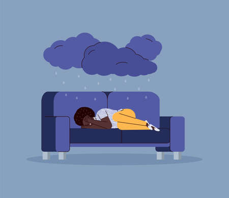 Sad unhappy young woman lying on couch in depression and despair mood, flat vector illustration on blue background. Depressed woman character under rain clouds.のイラスト素材
