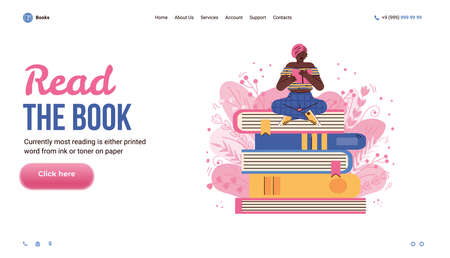 Website interface template with woman reading on huge stack of books, flat cartoon vector illustration. Bookstore or online library landing web page mockup.のイラスト素材