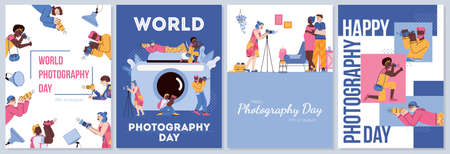 A set of posters for world photography day. Professional photographers with digital cameras taking a pictures and photo in different situations. Vector flat illustrationsのイラスト素材