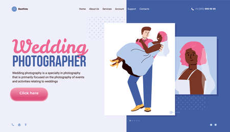 Vector design of web site for professional wedding photographer. Pictures of happy groom and bride....