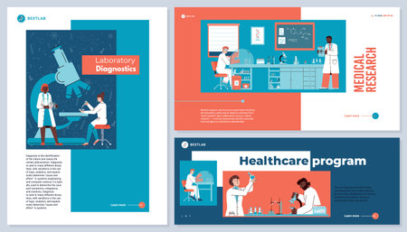 Medical healthcare laboratory researches and diagnosis set of banners, flat cartoon vector illustration. Healthcare program advertising banners or posters bundle.のイラスト素材