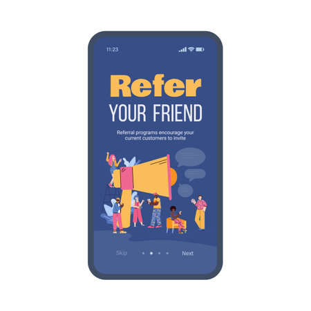 Mobile app on phone screen with shout in megaphone - refer your friend. Teamwork in marketing and business, sharing info between friends or colleagues. Vector flat illustration.のイラスト素材