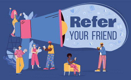 Conceptual banner with shout in megaphone - refer your friend. Teamwork in marketing and business, referring and sharing info between friends or colleagues. Vector illustration.のイラスト素材