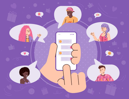 Refer a friend banner concept with human hand sending messages to friends in chat, flat cartoon vector illustration. Referral program of customers recommendation.のイラスト素材