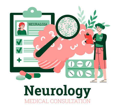 Neurology medical consultation advertising banner or poster template with cartoon characters. Neurologist doctor consulting patient, flat cartoon vector illustration.のイラスト素材