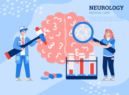 Neurology medical care banner with tiny doctors examining human brain, flat cartoon vector illustration. Alzheimer disease and dementia, memory loss neurological problems.のイラスト素材