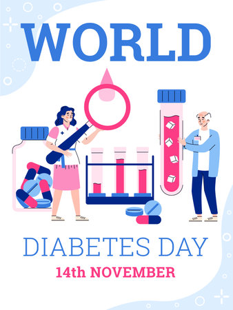 World diabetes day banner or poster layout with cartoon characters of doctor and elderly patient, flat cartoon vector illustration. Diabetes treatment international day.のイラスト素材