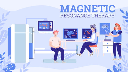 Banner with doctor and nurse explaining patient results brain mri scan. Medical diagnosis mrt, magnetic resonance tomography technology in hospital clinic. Vector illustration.のイラスト素材