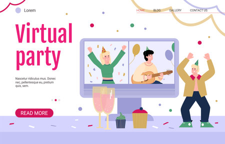 Vector landing page template with virtual party, video chat, online internet birthday celebration for friends or family living far away or stay home in quarantine.のイラスト素材