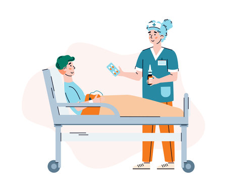 Woman doctor is taking care for patient lying in medical hospital bed. Nurse give medicaments for treatment of ill man. Vector illustration isolated on a white backgroundのイラスト素材