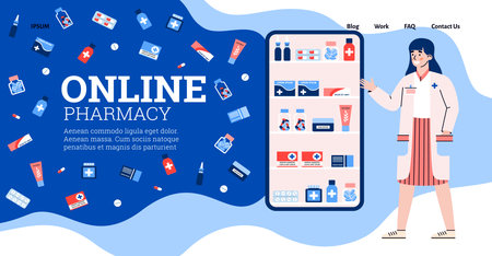 Landing page template with app for online pharmacy store with distance selects and ordering medicine and consultation of doctor or pharmacist. Vector illustration.のイラスト素材