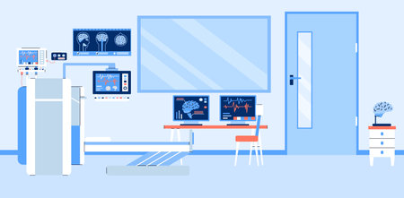 Medical office interior with magnetic resonance tomography equipment. Mri diagnostic in hospital clinic. Research of patient brain on computer screen using mrt scan. Vector banner.のイラスト素材