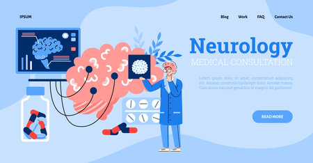 Vector landing page template with doctor neurologist studying pictures x-ray, eeg, mrt scans of human brain. Medical diagnostic, consultation and treatment of neurology disease.の写真素材