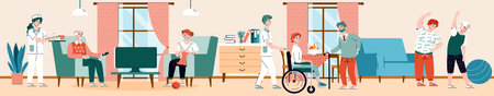 Nursing home interior with residents and staff busy with daily activity, flat cartoon vector illustration. Retirement aged and disabled people care service.のイラスト素材
