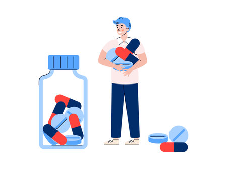 Pharmacy or drugstore concept the tiny man with huge pills, flat cartoon vector illustration isolated on white background. Medication treatment and health care.のイラスト素材