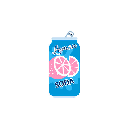 Aluminum can with fresh citrus soda beverage. Carbonated drink - cause of stomach pain and diseases digestive organs. Flat vector illustration isolated on a white background.のイラスト素材
