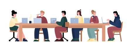 Hackathon team of programers and developers sitting at table and deciding common technical task, flat cartoon vector illustration isolated on white background.のイラスト素材
