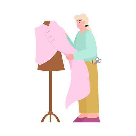 Tailor shop or fashion atelier with seamstress measuring fabric for tailoring. Female dressmaker or designer sewing clothes for customer. Flat vector isolated illustration.のイラスト素材