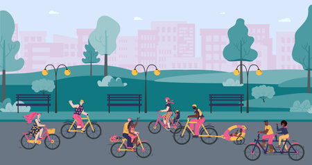 People riding bicycle outdoors in summer city park landscape - cartoon banner with young couples and parents on bike ride on urban cityscape, vector illustration.のイラスト素材