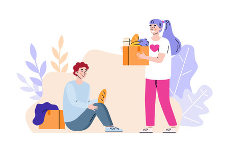 Female volunteer with cardboard box full of products donation food to homeless poor man. Volunteering, social help, charity and support for poor and hungry. Vector illustration.のイラスト素材