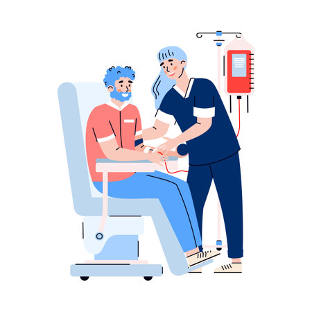 Man volunteer donating blood for blood transfusion, flat cartoon vector illustration isolated on white background. Healthcare charity and volunteering.のイラスト素材