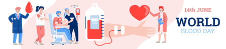 Banner or poster design for World blood donation day with cartoon people donating their blood to medical bank, flat cartoon vector illustration. Healthcare charity.のイラスト素材