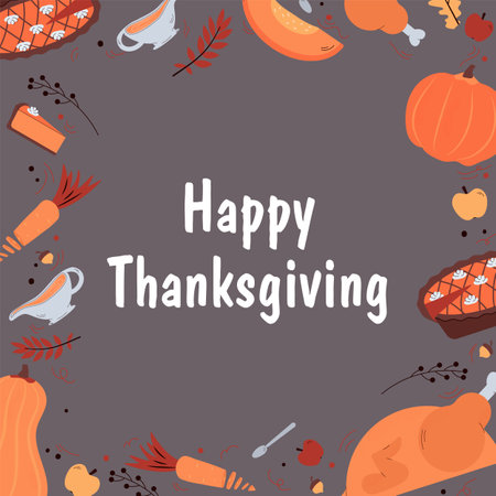 Thanksgiving day greeting card. Festive invitation on traditional holiday dinner with autumn dishes from pumpkin and roast turkey. Vector colorful illustration.のイラスト素材