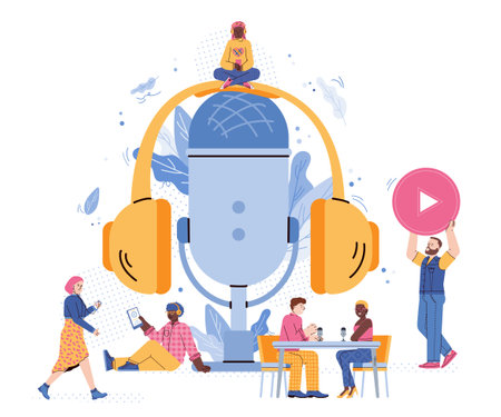 Online training or radio podcast banner or cover backdrop with tiny people characters next to huge microphone, flat vector illustration isolated on white background.の写真素材
